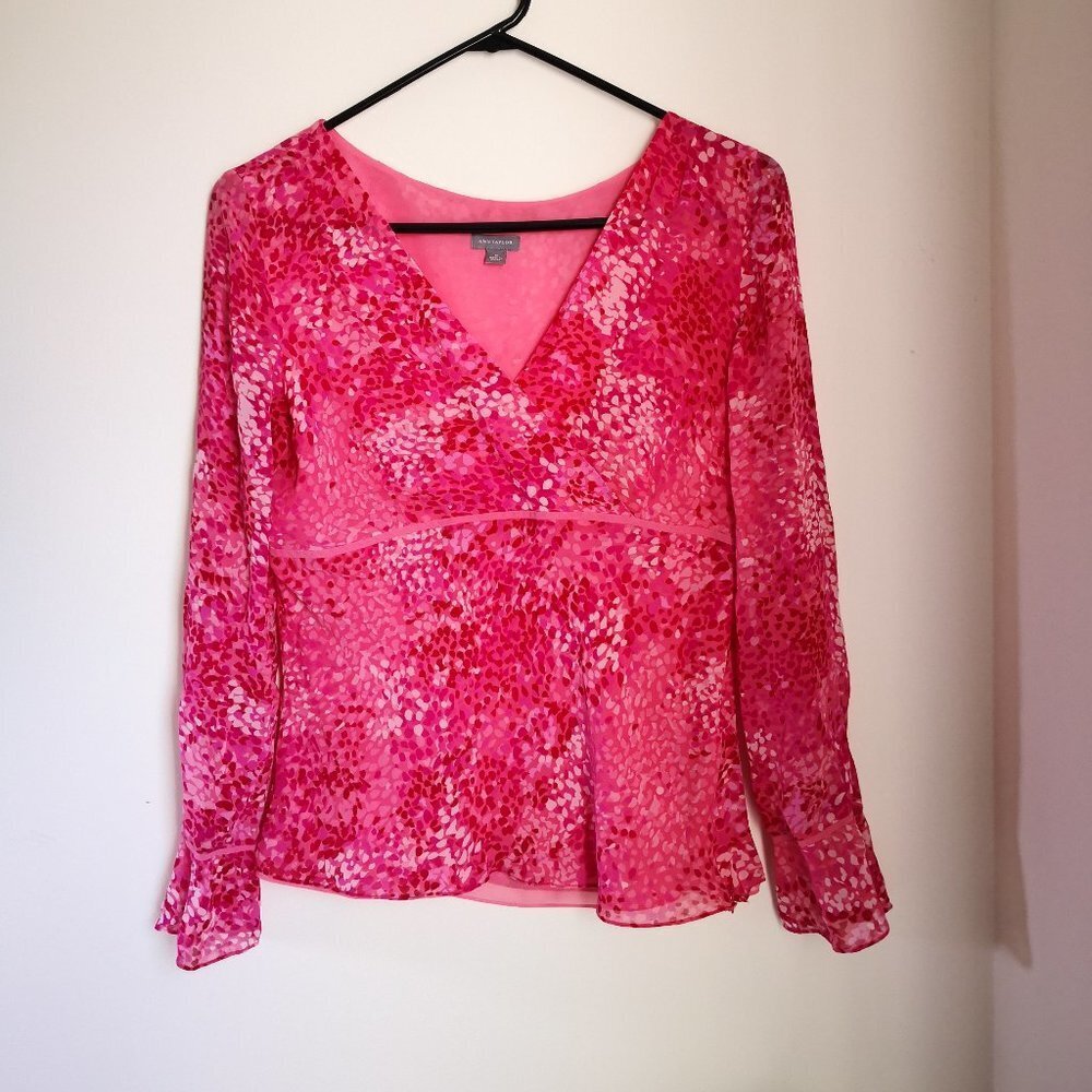 Ann Taylor Women's 100% Silk Faux Wrap Layered Long Sleeve Blouse Size M